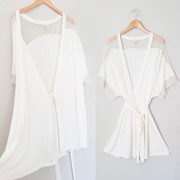 Eberjey Kimono Robe S Ivory Soft Modal Jersey Polka Dot Lace Mesh Inset Wrap Tie - Picture 15 of 15
